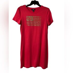 Women’s chaps, casual short sleeve Coral orange sundress gold flag size medium